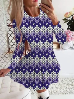 Women's Christmas Swing DressShort Mini DressShort Mini Dress Light Yellow Purple Dark Blue Orange Red Long Sleeve Plaid Snowman Tree Pleated Print Fall Winter Crew Neck Stylish Romantic -Fashion Life Shop uqqidi1665307936810