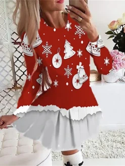 Women's Christmas Swing DressShort Mini Dress Wine Light Red Dark Blue Red Light Blue Long Sleeve Plaid Letter Snowman Print Fall Winter Crew Neck Stylish Romantic 2022 S M L XL 2XL