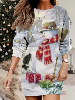 Women's Christmas Casual Dress Sweatshirt Dress Mini Dress Warm Fashion Outdoor Vacation Crew Neck Print Snowman Christmas Tree Loose Fit Blue Sky Blue Green S M L XL XXL -Fashion Life Shop urcqna1695365442693