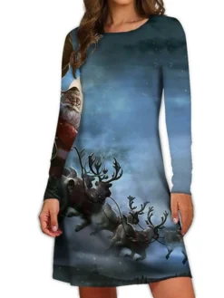 Women's Christmas Casual Dress Sheath Dress Mini Dress Blue Wine Dark Green Long Sleeve Santa Claus Print Winter Fall Autumn Crew Neck 2022 S M L XL 2XL 3XL -Fashion Life Shop urhydl1667980584417
