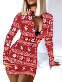 Women's Christmas Casual Dress BodyconShort Mini Dress Dark Blue Red Brown Long Sleeve Geometric Elk Snowflake Zipper Print Fall Winter Stand Collar Casual Sexy 2022 S M L XL XXL 3XL -Fashion Life Shop utkddh1663726283919