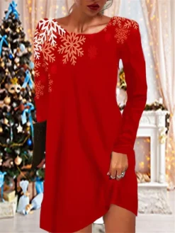 Women's Christmas Casual Dress T Shirt Dress Tee Dress Shift Dress Mini Dress Black Wine Red Long Sleeve Letter Pocket Winter Fall Autumn Crew Neck Vacation 2022 S M L XL XXL 3XL / Print