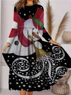 Women's Christmas Casual Dress Swing Dress Midi Dress Black Blue Wine Long Sleeve Snowman Pocket Winter Fall Autumn Fashion Christmas Daily 2022 S M L XL XXL 3XL -Fashion Life Shop utoqzk1667815877157