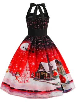 Women's Christmas Swing Dress Vintage Dress Midi Dress Blue Purple Fuchsia Red Sleeveless Santa Claus Backless Print Winter Fall Halter Neck Vacation Stylish Elegant 2022 S M L XL XXL -Fashion Life Shop uublsa1666168096752