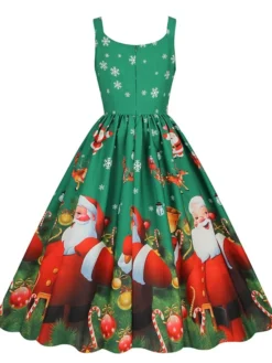 Women's Christmas Casual Dress Swing Dress Midi Dress Green Blue Sleeveless Santa Claus Print Winter Fall Spaghetti Strap Vacation Vintage 2022 S M L XL XXL / Slip Dress -Fashion Life Shop uugkqt1666597247943