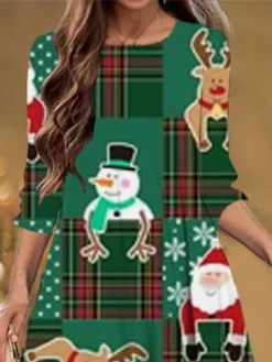 Women's Christmas Casual Dress Shift Dress Midi Dress Green 3/4 Length Sleeve Color Block Ruched Winter Fall Autumn Fashion Daily 2022 S M L XL XXL 3XL -Fashion Life Shop uulusk1667815351075