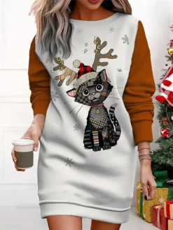 Women's Christmas Casual Dress Sweatshirt Dress Mini Dress Warm Fashion OutdoorVacation Crew Neck Print Animal Loose Fit Black Yellow Red S M L XL XXL -Fashion Life Shop uupxhk1695365429866