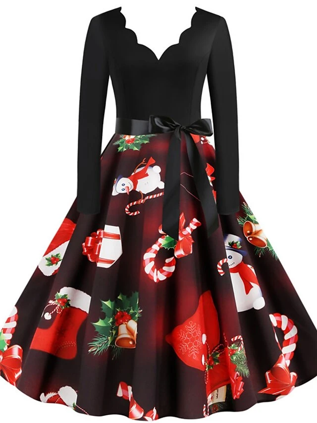 Women's Christmas Knee Length Dress Wine Green Orange Black Red Brown Navy Blue Long Sleeve Print Bow Print Fall Winter V Neck Casual Vintage2021 S M L XL XXL 3XL 13 Women's Christmas Knee Length Dress Wine Green Orange Black Red Brown Navy Blue Long Sleeve Print Bow Print Fall Winter V Neck Casual Vintage2021 S M L XL XXL 3XL - Image 13