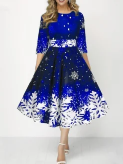 Women's Retro 1950s Skater Dress Midi Dress Party Christmas Print Snowflake Crew Neck 3/4 Length Sleeve 2023 Black Yellow S M L XL