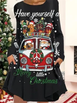Women's Christmas Casual Dress T Shirt Dress Tee Dress Shift Dress Mini Dress Green Black Blue Long Sleeve Cat Pocket Winter Fall Autumn Crew Neck Fashion Christmas Daily 2022 S M L XL XXL 3XL