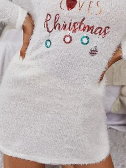 Women's Casual Dress Christmas Dress Winter Dress Letter Fleece Sequin Crew Neck Mini Dress Fashion Streetwear Outdoor Christmas Long Sleeve Loose Fit White Fall Winter S M L XL XXL -Fashion Life Shop uwbvdx1697095797810
