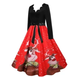 Women's Christmas Knee Length Dress Gray White Black Red Brown Long Sleeve Print Bow Print Fall Winter V Neck Casual Vintage2021 S M L XL XXL 3XL -Fashion Life Shop uwxbfx1629971763530