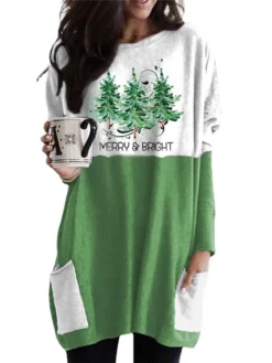 Women's Christmas Casual Dress T Shirt Dress Tee Dress Mini Dress Green Red Gray Long Sleeve Letter Tree Pocket Print Winter Fall Crew Neck Vacation Casual 2022 XXS XS S M L XL XXL 3XL 4XL -Fashion Life Shop uxxgvc1667286744538