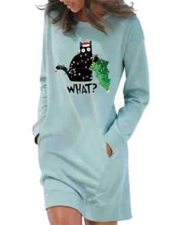 Women‘s Christmas Hoodie Dress Winter Dress Light Blue Grey White Long Sleeve Cat Tree Pocket Print Winter Fall Crew Neck Stylish Casual Fall Dress Loose Fit 2022 S M L XL 2XL / Cotton -Fashion Life Shop uxxtas1666258094017