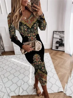 Women‘s Christmas Sweater Dress Jumper Dress Winter Dress Warm Floral Outdoor Christmas Daily Holiday V Neck Long Sleeve 2023 Regular Fit Yellow Blue Green S M L XL XXL 3XL