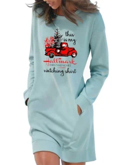 Women‘s Christmas Hoodie Dress Winter DressShort Mini Dress Light Blue Grey White Long Sleeve Letter Print Pocket Print Fall Winter Crew Neck Stylish Casual 2022 S M L XL 2XL / Cotton -Fashion Life Shop uyjhpa1665663114098