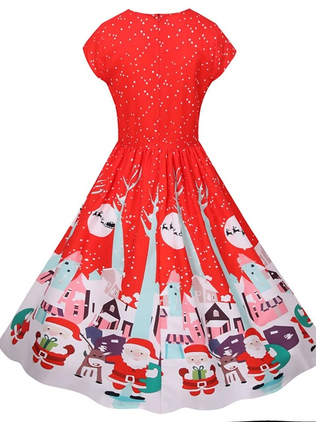 Women's Christmas Knee Length Dress Green Black Red Short Sleeve Print Print Fall Winter Round Neck Casual Vintage2021 S M L XL XXL 3 Women's Christmas Knee Length Dress Green Black Red Short Sleeve Print Print Fall Winter Round Neck Casual Vintage2021 S M L XL XXL - Image 3
