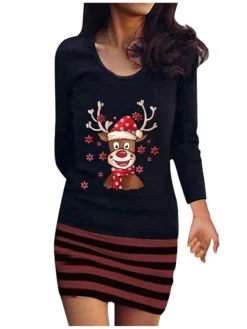 Women's Christmas Casual Dress Bodycon Mini Dress Black Blue Yellow Wine Gray Long Sleeve Elk Striped Print Winter Fall Crew Neck Vacation Casual 2022 S M L XL XXL 3XL 4XL 5XL / Sheath Dress -Fashion Life Shop uzzxda1667282530961