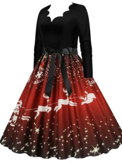 Women's Christmas Party Dress Swing DressKnee Length Dress Green Purple Wine Red Black Long Sleeve Santa Claus Elk Snowman Print Fall Winter V Neck Vintage Party Elegant Party 2022 S M L XL XXL 3XL -Fashion Life Shop vaciqw1665475505270