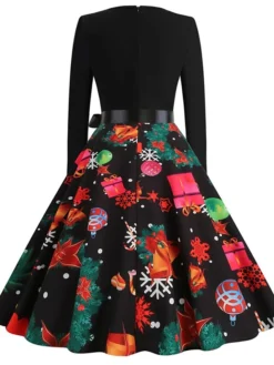 Women's Christmas Casual Dress Swing Dress Vintage Dress Midi Dress Black Wine Orange Long Sleeve Animal Bow Winter Fall Autumn V Neck 2022 S M L XL XXL 3XL -Fashion Life Shop vaeprh1666853155589
