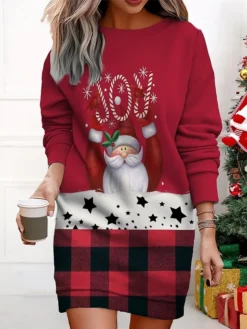 Women's Christmas Casual Dress Sweatshirt Dress Mini Dress Warm Fashion OutdoorVacation Crew Neck Print Santa Claus Loose Fit Black Red Beige S M L XL XXL