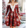 Women's Christmas Swing Dress Vintage Dress Mini Dress Green Light Green Wine Red Navy Blue White Long Sleeve Snowman Tree Snowflake Backless Feather Print Winter Fall Off Shoulder Vacation Stylish
