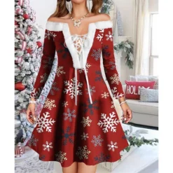 Women's Christmas Swing Dress Vintage Dress Mini Dress Green Light Green Wine Red Navy Blue White Long Sleeve Snowman Tree Snowflake Backless Feather Print Winter Fall Off Shoulder Vacation Stylish