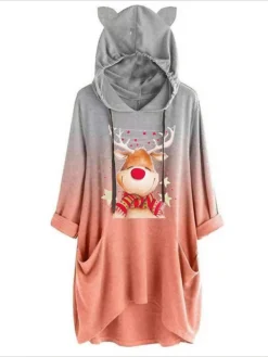 Women's Casual Dress Christmas Dress Hoodie Dress Ombre Deer Pocket Print Hooded Mini Dress Active Fashion Outdoor Christmas Long Sleeve Loose Fit Yellow Pink Orange Fall Winter S M L XL XXL