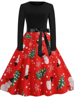 Women's Christmas Casual Dress Swing Dress Vintage Dress Midi Dress Green Blue Light Red Long Sleeve Santa Claus Bow Winter Fall Autumn V Neck Slim 2022 S M L XL XXL 3XL -Fashion Life Shop vaykhn1666776946218
