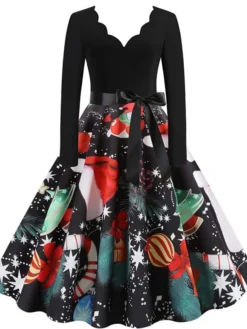 Women's Christmas Knee Length Dress Wine Green Orange Black Red Brown Navy Blue Long Sleeve Print Bow Print Fall Winter V Neck Casual Vintage2021 S M L XL XXL 3XL 38 Women's Christmas Knee Length Dress Wine Green Orange Black Red Brown Navy Blue Long Sleeve Print Bow Print Fall Winter V Neck Casual Vintage2021 S M L XL XXL 3XL -Fashion Life Shop vbaqyx1629971432741