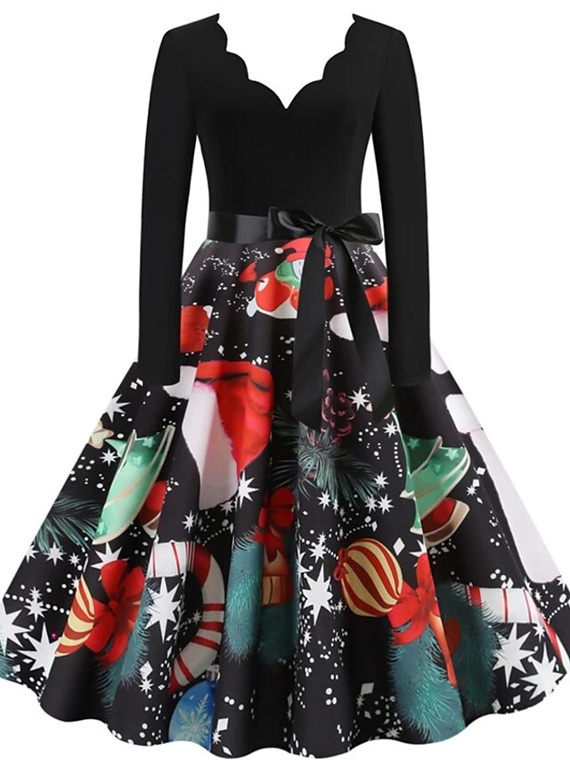 Women's Christmas Knee Length Dress Wine Green Orange Black Red Brown Navy Blue Long Sleeve Print Bow Print Fall Winter V Neck Casual Vintage2021 S M L XL XXL 3XL 19 Women's Christmas Knee Length Dress Wine Green Orange Black Red Brown Navy Blue Long Sleeve Print Bow Print Fall Winter V Neck Casual Vintage2021 S M L XL XXL 3XL - Image 19