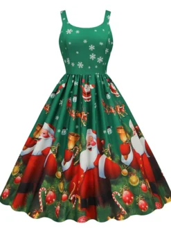 Women's Christmas Casual Dress Swing Dress Midi Dress Green Blue Sleeveless Santa Claus Print Winter Fall Spaghetti Strap Vacation Vintage 2022 S M L XL XXL / Slip Dress -Fashion Life Shop vbbwdo1666597246713