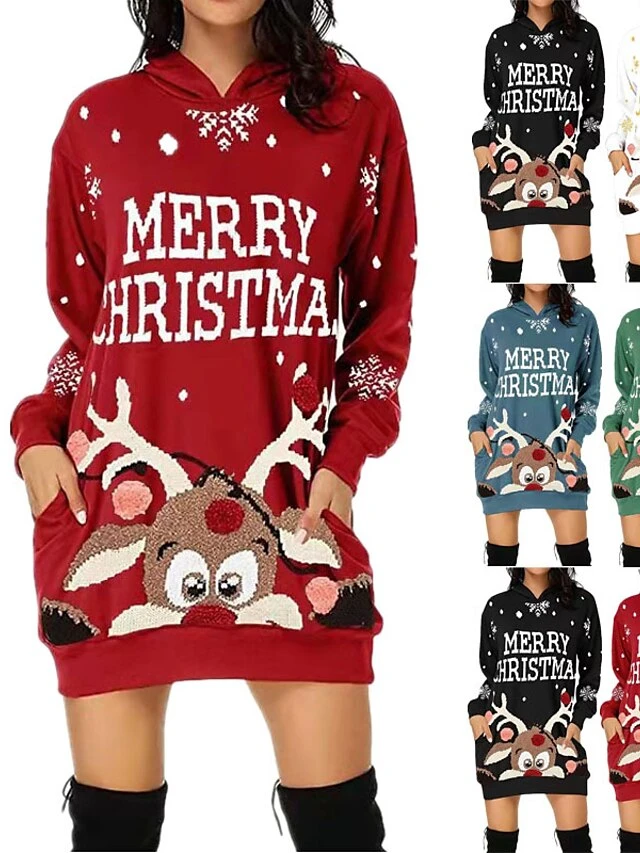 Women‘s Christmas Casual Dress Hoodie Dress Mini Dress Fashion Daily Outdoor Vacation V Neck Pocket Bell Regular Fit Black White Red S M L XL XXL 1 Women‘s Christmas Casual Dress Hoodie Dress Mini Dress Fashion Daily Outdoor Vacation V Neck Pocket Bell Regular Fit Black White Red S M L XL XXL