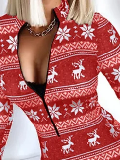 Women's Christmas Casual Dress BodyconShort Mini Dress Dark Blue Red Brown Long Sleeve Geometric Elk Snowflake Zipper Print Fall Winter Stand Collar Casual Sexy 2022 S M L XL XXL 3XL -Fashion Life Shop vcbvaw1664281621464