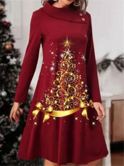Women's Casual Dress Christmas Dress Winter Dress Christmas Tree Patchwork Button Turtleneck Midi Dress Active Fashion Outdoor Christmas Long Sleeve Regular Fit Wine Fall Winter S M L XL XXL