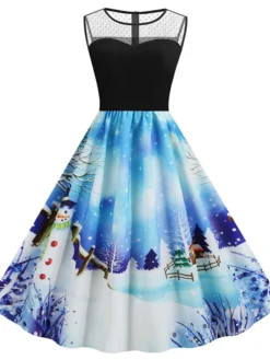 Women's Christmas Casual Dress Swing Dress Midi Dress Blue Royal Blue Dark Blue Light Blue Sleeveless Santa Claus Snowman Mesh Print Winter Fall Crew Neck Vacation Vintage 2022 S M L XL XXL -Fashion Life Shop vcktis1666597374323