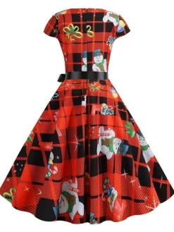 Women's Christmas Retro 1950s Vintage Dress Midi Dress Party Ruched Bow Snowman Crew Neck Short Sleeve Regular Fit Fall Winter 2023 Red S M L XL -Fashion Life Shop vclhfv1695363733894