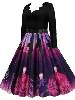 Women's Christmas Party Dress Swing DressKnee Length Dress Green Purple Wine Red Black Long Sleeve Santa Claus Elk Snowman Print Fall Winter V Neck Vintage Party Elegant Party 2022 S M L XL XXL 3XL -Fashion Life Shop vdbsli1665475512123