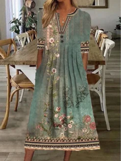 Women's Casual Dress Shift Dress Midi Dress Navy Blue Blue Orange Half Sleeve Floral Ruched Summer Spring V Neck Vintage Christmas Vacation 2023 S M L XL XXL 3XL