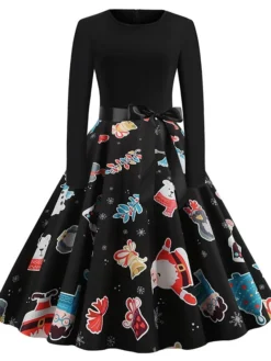 Women's Christmas Swing DressKnee Length Dress Black And White White Light Red Gold Red Long Sleeve Elk Snowman Bell Bow Print Fall Winter Round Neck Vintage Elegant 2022 S M L XL 2XL -Fashion Life Shop vdsosa1634125864596