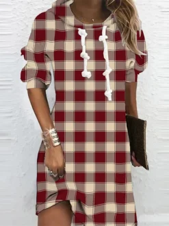 Women's Christmas Hoodie Dress Shift Dress Mini Dress Red Long Sleeve Plaid Print Winter Fall Autumn Hooded Fashion Christmas Daily 2022 S M L XL XXL 3XL