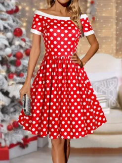 Women's Casual Dress Christmas Dress Winter Dress Polka Dot Print Off Shoulder Midi Dress Fashion Streetwear Outdoor Christmas Short Sleeve Regular Fit Red Fall Winter S M L XL XXL