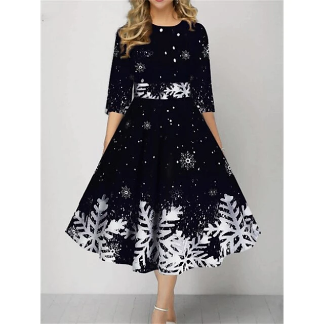 Women's Christmas Skater Dress Print DressMidi Dress Green Purple Dark Red Dark Blue Black 3/4 Length Sleeve Print Snowflake Patchwork Print Fall Winter Crew Neck Fashion Party 2022 S M L XL 2XL 3XL 5 Women's Christmas Skater Dress Print DressMidi Dress Green Purple Dark Red Dark Blue Black 3/4 Length Sleeve Print Snowflake Patchwork Print Fall Winter Crew Neck Fashion Party 2022 S M L XL 2XL 3XL - Image 5