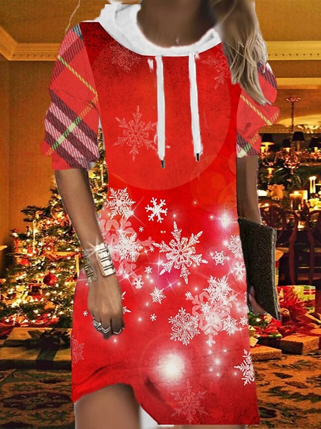 Women's Christmas Hoodie Dress Shift Dress Mini Dress Black Wine Light Red Long Sleeve Plaid Print Fall Spring Hooded Fashion Christmas Daily Loose Fit 2022 S M L XL XXL 3XL 3 Women's Christmas Hoodie Dress Shift Dress Mini Dress Black Wine Light Red Long Sleeve Plaid Print Fall Spring Hooded Fashion Christmas Daily Loose Fit 2022 S M L XL XXL 3XL - Image 3