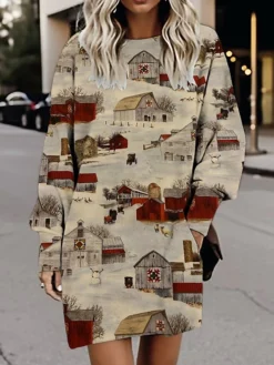 Women's Casual Dress Christmas Dress Sweatshirt Dress Letter Snowflake Pocket Print Crew Neck Mini Dress Fashion Streetwear Outdoor Christmas Long Sleeve Loose Fit Wine Fall Winter S M L XL XXL