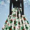 Women's Christmas Swing Dress Vintage DressKnee Length Dress Green Blue Wine Light Red Dark Green Red Long Sleeve Floral Snowman Tree Bow Print Fall Winter V Neck Vintage Fashion Casual 2022 S M L