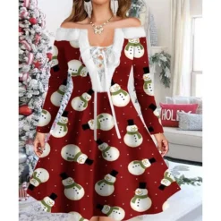 Women's Christmas Swing Dress Vintage Dress Mini Dress Green Light Green Wine Red Navy Blue White Long Sleeve Snowman Tree Snowflake Backless Feather Print Winter Fall Off Shoulder Vacation Stylish -Fashion Life Shop vhgyll1667977596779