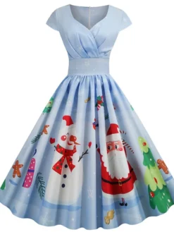 Women's Christmas Knee Length Dress Blue Dusty Blue Royal Blue Black Red Navy Blue Dark Blue Light Blue Short Sleeve Print Print Fall Winter V Neck Casual Vintage2021 S M L XL XXL 3XL