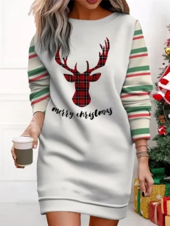 Women's Christmas Casual Dress Sweatshirt Dress Mini Dress Warm Fashion Outdoor Vacation Crew Neck Print Santa Claus Snowman Loose Fit Black White Wine S M L XL XXL -Fashion Life Shop vhznwp1695365436713