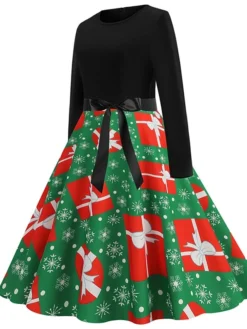 Women's Christmas Swing Dress Vintage Dress Midi Dress Green Blue Light Green Long Sleeve Santa Claus Bow Winter Fall Autumn Crew Neck Fashion Daily Date 2022 S M L XL XXL 3XL -Fashion Life Shop vjalxj1667894621479